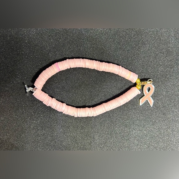Light Pink Ribbon (Awareness) Heishi Charm Bracelet - Picture 7 of 7